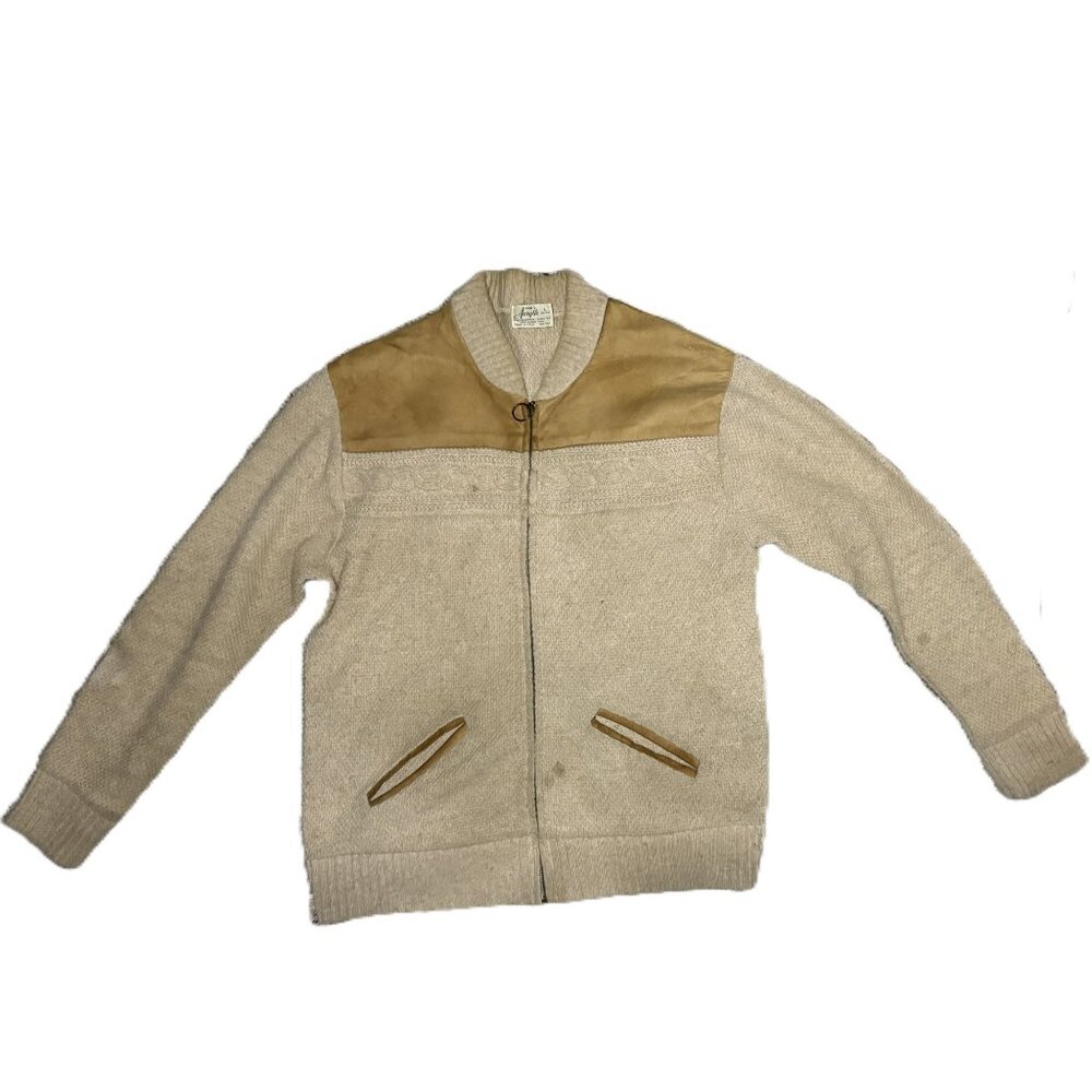 READ Vintage Acrylic Sweater Zip Up Suede Trim Leather Accents Made In USA Large